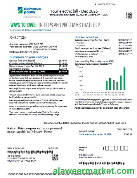 USA Delmarva Power utility bill template in Word and PDF formats, version 2